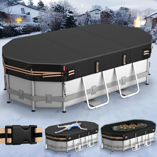QH.Home Ovale Poolabdeckung für Bestway/Intex/Coleman Frame Oval Pool, 3 x 4,6 m, [Hervorragend Winddicht] mit verstellbaren Schnallenriemen und Kordelzug am Saum. Langlebig, reißfest