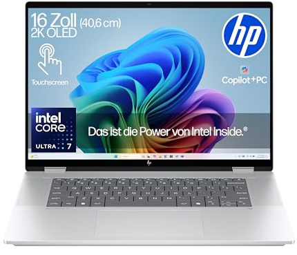 HP OmniBook X Flip NG AI Intel Core Ultra 7 2 in 1 Laptop, Next Gen KI Copilot+ PC, 16 3K 2880 x 1800 Touchscreen, 32 GB DDR5 RAM, 1 TB SSD, Win 11, QWERTZ, Silber