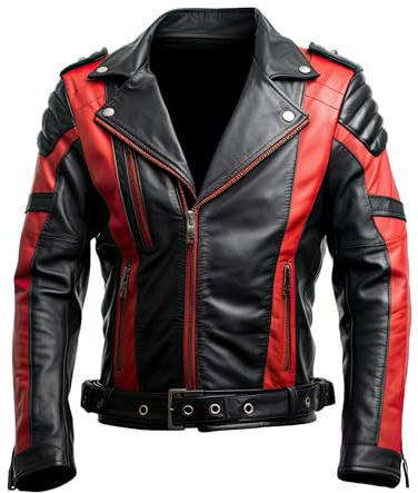 TRESSANO Brando - Giacca da motociclista in pelle di agnello con cintura, colore: rosso e nero, Rosso e Nero - Design 2, Medium