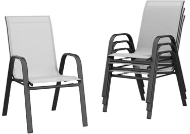 Zstar 4er-Set stapelbare Gartenstühle, Terrassen-Esszimmerstühle aus Metall mit atmungsaktivem Textilene, wetterfest und rostbeständig, Outdoor-Stühle für Terrasse, Balkon, Garten (Grau)