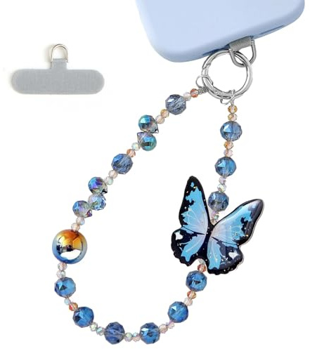 Puzxo Handyanhänger mit Perlenkristallen, Diebstahlschutz-Handyband, Freisprech- und abnehmbares Handyband, Handykettenarmband mit Haltelasche (Blauer Schmetterling)