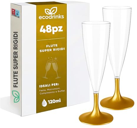 ecodrinks Set 48 Flute Plastica Dura da 120ml, Riutilizzabili, Oro - Calici Infrangibili con Bordo Arrotondato Comfort-Feel - Eleganti Bicchieri per Prosecco, Champagne e Cocktail