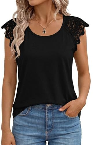 Cicy Bell Women's Shirts, Lace-Sleeve Blouses, Round-Neck T-Shirts, Elegant Tops, Tunic Tops, Black, M