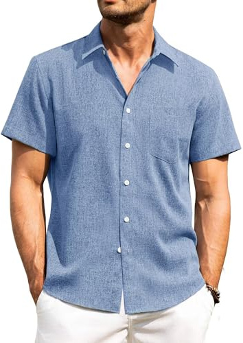 PrimeCrest Camicia Lino Uomo Maniche Corte Estiva Leggera Traspirante Regular Fit Casual Tinta Unita Button-Down Spiaggia Vacanza con Taschino Blu L