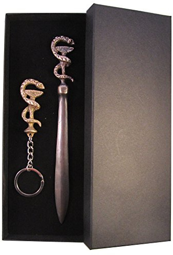 Wilde Äskulapstab Äskulap Schlange mit Arzneischale Bronze Schlüsselanhänger und Brieföffner Apotheker Symbol Set