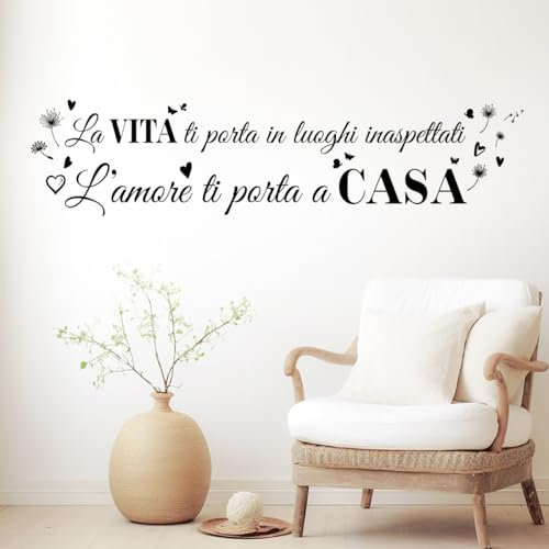 Adesivi Murali Frasi in Italiano La vita ti porta in luoghi inaspettati l'amore ti porta a casa con Farfalle tarassaco Decorazioni Murali per Casa, Cucina, Camera da Letto, Soggiorno, Bar, Ufficio