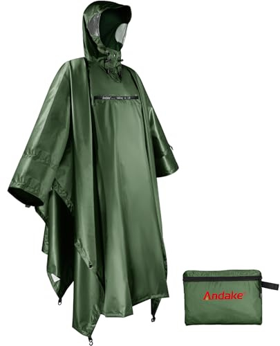 Andake Poncho Impermeabile Uomo Donna Unisex Giacca da pioggia Antivento Riutilizzabile Mantello antipioggia Antistrappo per Campeggio Escursionismo Verde