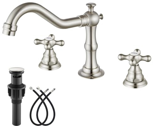 gotonovo Bathroom Faucet 3 Hole 8 Inch Widespread Bathroom Sink Faucet 2 Cross Handles Vintage Lavatory Vanity Mixer Tap with Pop Up Drain, HOT Cold Label, Brushed Nickel