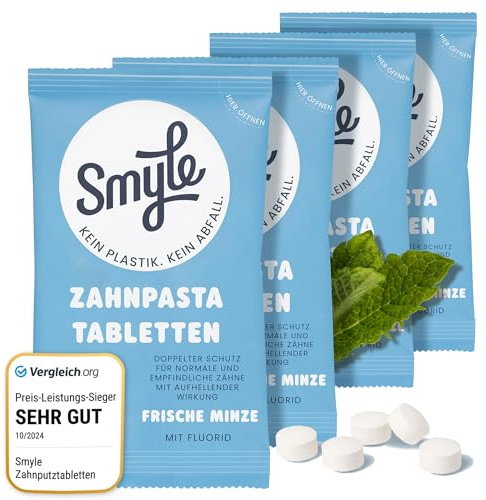 Smyle Zahnputztabletten mit Fluorid | 100% plastikfrei | vegan | ideal für unterwegs | Starter-Kit mit 125 Zahnpastatabletten | 2 Monate VorratSmyle tandkrämstabletter: dubbelförpackning (252 bitar)