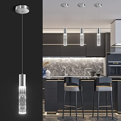 OKELI Modern Pendant Light, LED Bubble Crystal Kitchen Island Lights Fixtures,Chrome Mini Single Island Lights Pendant Lighting for Kitchen Island,Bar,6W,6000K,ETL