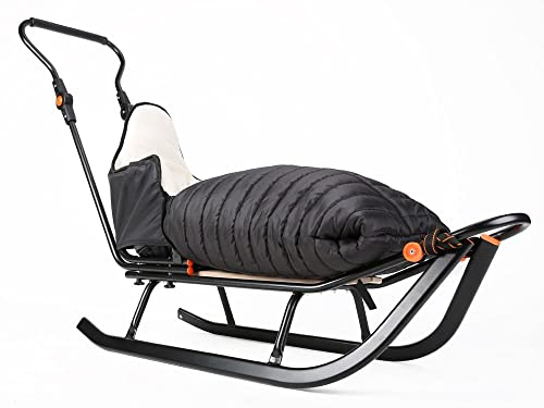 Teo & Gigi Rodelschlitten mit Rückenlehne | Davoser Schlitten mit Sicherheitsgurt und Winterfußsack | Baby Kinder Schlitten | Made IN EU | All Seasons Plus | schwarz