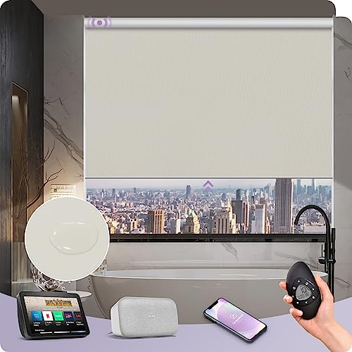 Graywind Verdunkelung Elektrische Rollo Innen Kompatibel Alexa Google, nach Maß Wiederaufladbar Wasserdicht Smart Fensterrollo, Sichtschutz Motorisierte Rollo mit Fernbedienung, Leinen Beige