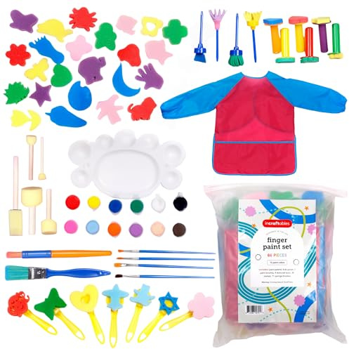 Incraftables Washable Finger Paint Set for Kids – 65 Piece Non Toxic Washable Paint for Toddlers - Includes Apron, Sponges, Brushes, Paint Palette, Textured Tools & Stamps