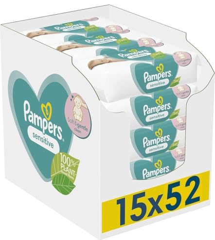Pampers Sensitive Lot de 3 paquets de 5 x 52 = 780 lingettes humides en portions optimales pour toujours des lingettes humides et fraîches