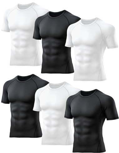 TELALEO 6 Pack Men's Compression Shirt Short Sleeve Athletic Baselayer Sports T Shirts Workout Tops for Men Black White XXL