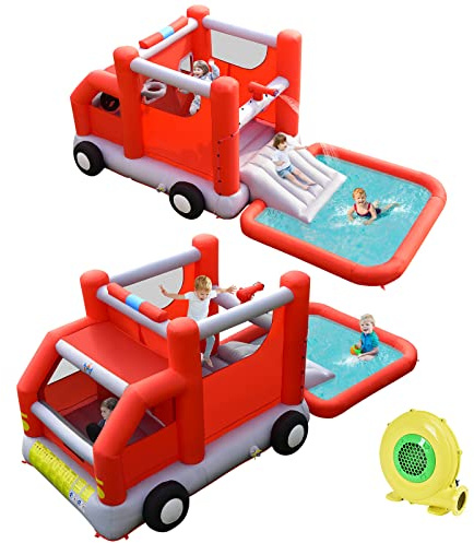 DREAMADE Aufblasbare Hüpfburg, Wasserpark mit Kabine & Sprungbereich & Wasserrutsche & Wasserbecken & Basketballkorb, 564 x 268 x 212cm Wasserspielcenter für Kinder ab 3 Jahren (mit Gebläse)