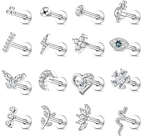 JeweBella 16 Stück 16G Helix Tragus Piercing Knorpel Ohrringe für Damen Chirurgenstahl Innengewinde CZ Mond Herz Blatt Medusa Labret Piercing Nasenstecker Lippenpiercing Helix Piercing Ohr