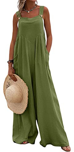 Springcmy Women Overalls Casual Loose Dungarees Soft Wide Leg Jumpsuit Baggy Playsuit Adjustable Suspender Straps with Pockets (D-Army Green, L)