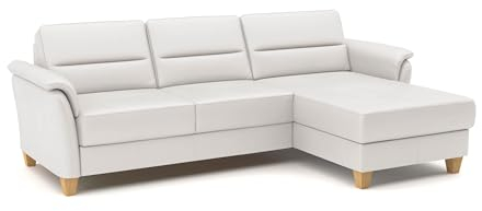 CAVADORE Leder-Ecksofa Palera mit Longchair / Landhaus-Couch mit Federkern + massiven Holzfüßen / 244 x 89 x 163 / Leder Weiß