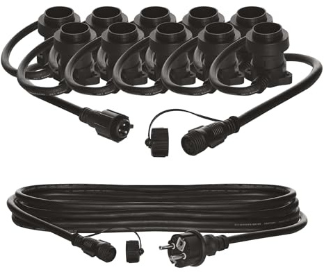EMOS Partylichterkette mit E27-Fassungen für Innen und Außen, 7,35 lange Gummi-Lichterkette für 10x Lampe mit E27 Gewinde, 5m Kabel Stromanschluss 230V, IP44 für Partys, Weihnachten, Deko