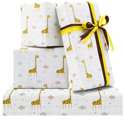 Geburtstags-Geschenkpapier für Kinder, Mädchen und Jungen, Geschenkpapier im Giraffen-Design mit 2 Bändern für Kindergeburtstag oder Babyparty, 4 flach gefaltete Blätter, 50 x 70 cm pro Blatt