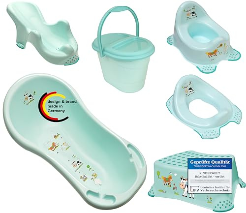 KiNDERWELT 6er Set Funny Farm aqua Babywanne XXL + Badesitz + Topf + WC+ Hocker + Eimer, aquamarin