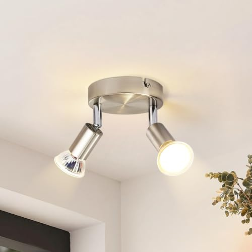 Glitzerlife LED Deckenstrahler 2 Flammig Deckenlampe Deckenleuchte GU10 | Deckenspot Schwenkbar 330° Modern Flurlampe Nickel Metall Rund für Wohnzimmer Schlafzimmer Küche Esszimmer ohne Leuchtmittel