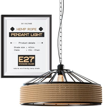 Metal & Rope Pendant Light Shade,40cm Retro Hemp Rope Black Rustic Industrial Ceiling Hanging Light with 1m Chain and Cable Pendant Lamp Fitting for home improvement, Island Kitchen,Living Room