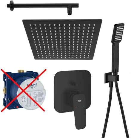 vanvilla Duschsystem Unterputz mit Duscharmatur Grohe schwarz GS01-XL-ob | Duscharmatur von Grohe Cubeo Einhebelmischer und vanvilla Regendusche Duschkopf eckig, Dusch-SET schwarz matt