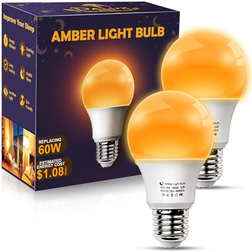DALUXshop 9W Amber Sleep Aid Light Bulbs, 1800K Soft Warm Lighting, 2 Pack
