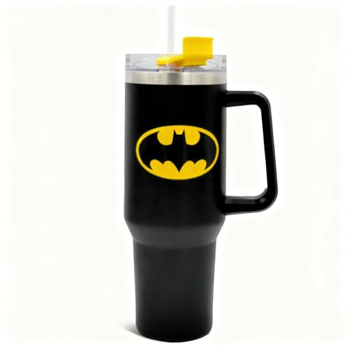 Batman 1200ml Insulated Stainless Steel Tumbler + Handle and Straw – Official DC Comics Travel Mug - Double‑Walled Vacuum Flask for Work, School, Gym & More - Cold 17Hrs or Hot 5Hrs