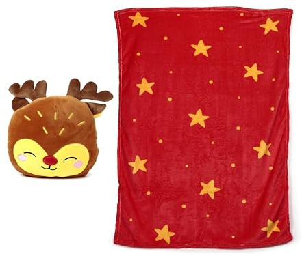 Puckator Cuscino Natalizio in Peluche 2 in 1 con Morbida Copertina Blankeazzz - Renna Rudolph - Amici del Natale