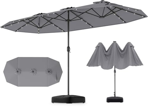 GOPLUS Grand Parasol de Jardin Exterieur avec Pied, 4M Parasol Rectangulaire Double Face pour 6 Personnes avec LED, Manivelle et Ventilation, pour Marché, Piscine, Terrasse, Balcon (Gris)