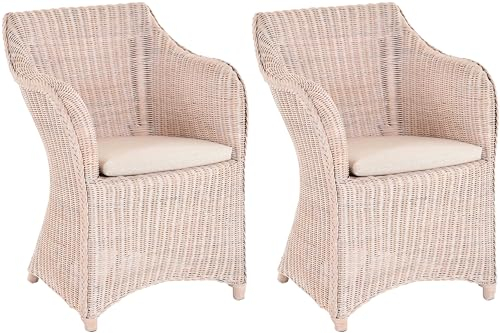 Krines Home 2er Set Rattan Esszimmersessel Dive Esszimmerstuhl mit Armlehne Rattansessel Esszimmer Sessel (Vintage Weiss)