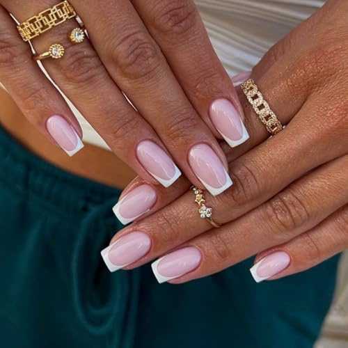 Square False Nails with Glue - 24 Pcs Press on Nails - Nude White Fake Nails - Pink Glossy French Tip False Nails Short - Acrylic Full Cover Stick on Nail with Elegant Design