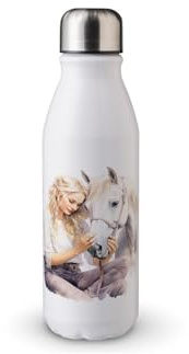 MAXIKIWI - Single Wall Water Drinking Bottle with Screw Cap, Non Insulated Lightweight Aluminium, BPA Free, Leak-Proof - White Girl Petting Horse watercolor - 500ml