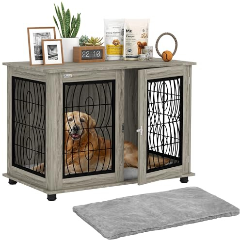 PawHut Dog Crate Furniture for Large Breeds, 100 x 60 x 73.5 cm, Grey | Dog Cage, Soft Washable Cushion, Furniture-Style Pet Kennel, Indoor House End Side Table