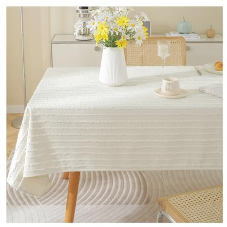 Epinki 110x170CM Tischdecke, Tischtücher Streifen Baumwolle Leinen, Biertisch Tischdecke Wasserabweisend für Küche, Esstisch, Couchtisch, Parteien, Abendessen, Weiß