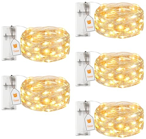 btfarm 5 Pack Fairy Lights Battery Operated with Timer, 2M 20LED Warm White | Waterproof String Light Battery Powered, Mini Sliver Wire for Indoor Bedroom Party Wedding Jars Christmas Decoration