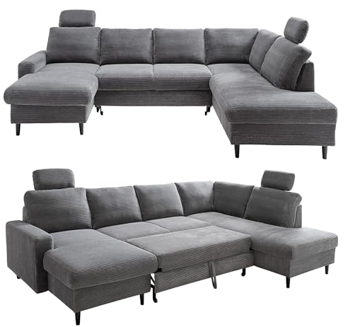 Cord Wohnlandschaft U-Form B305/T200/H88 cm, Sofa mit Schlaffunktion und Bettkasten, Wellenunterfederung, Liegefläche ausziehbar 116x251 cm, 2 Kopfstützen, Bezug in Grau Anthrazit / 17206