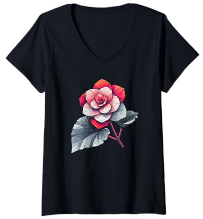 Donna Geometric Art Fiori di Begonia Maglietta con Collo a V