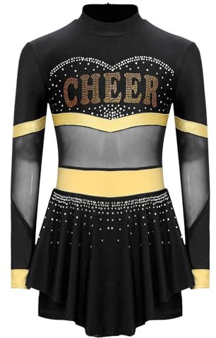 Miutii Mädchen Cheer Leader Kleid Langarm Cheerleading Kleid Mesh Patchwork Glitzer Tanzkleid Halloween Karneval Fasching Partykleid A Schwarz 134-140