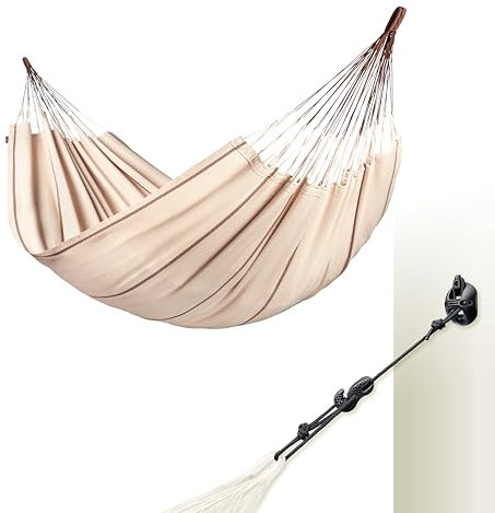 LA SIESTA® Modesta Bio-Baumwoll Hängematte & Multizweck-Befestigung für Wände Decken & Quadratische Balken - Indoor Outdoor Hängematte für Garten Balkon, Hängematte für 2 Personen - Kingsize, Nougat