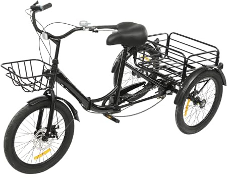 OUKANING 20 Zoll Dreirad für Erwachsene Doppelkörbe, 3-Rad-Fahrrad mit 7 Gang-Schaltung, Dreirad Fahrrad 130kg Traglast, Lastenrad für Senioren Damen Herren Scheiben- & Trommelbremsen