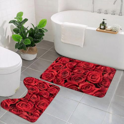 KGDHY Badezimmermatten-Sets 2-Teilig,viele rote Rosen in flachen DOF geschossen,Bad und WC-Vorleger-Set,rutschfeste Badezimmerteppiche wasserabsorbierende