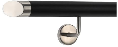 TIBU Pasamanos de aluminio negro 30-600 cm para escaleras soporte de acero inoxidable en ángulo, longitud 140 cm con 2 soportes y extremo inclinado