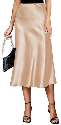 Koerye Falda de Satén para Mujer de Cintura Alta Elástica, Maxi Elegante de Seda, Midi de Negocios para Verano