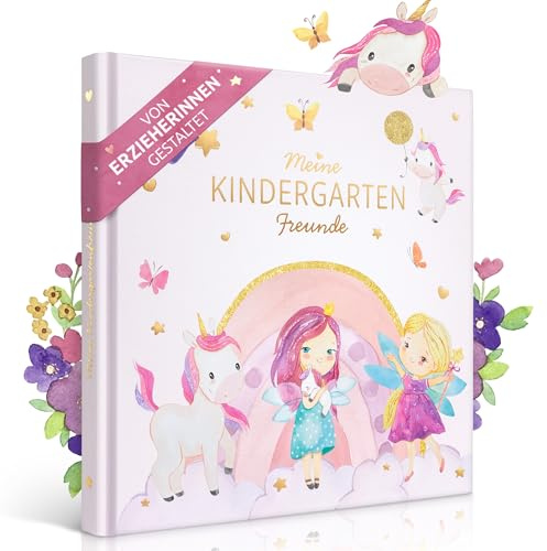 EULENTALER® Vänskapsbok dagis flicka I designad av utbildare I Handmålade enhörningar, feer och prinsessor I Barnvänlig design I med guldprägling I Vänskapsbok enhörning