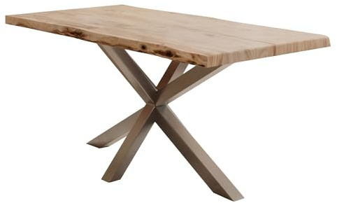 Liadomo Esstisch 180x90 Kopenhagen Natur, Baumkantentisch, Akazie Massivholz Tisch, 50mm Tischplatte lackiert, Robust & Pflegeleicht, Unikat, Spider-Gestell Metall Silber