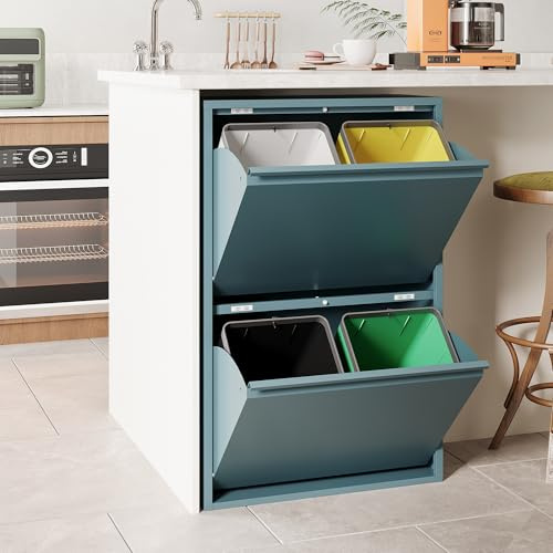 VEEHAUS Küchen Mülltrennsystem, Metall Müllschrank, 4 Klappfächer 4 x 15 L | Freistehend & vormontiert, 4 einzeln öffenbare Klappen, Magnetische Front, Herausnehmbare Eimer, 60L Blau